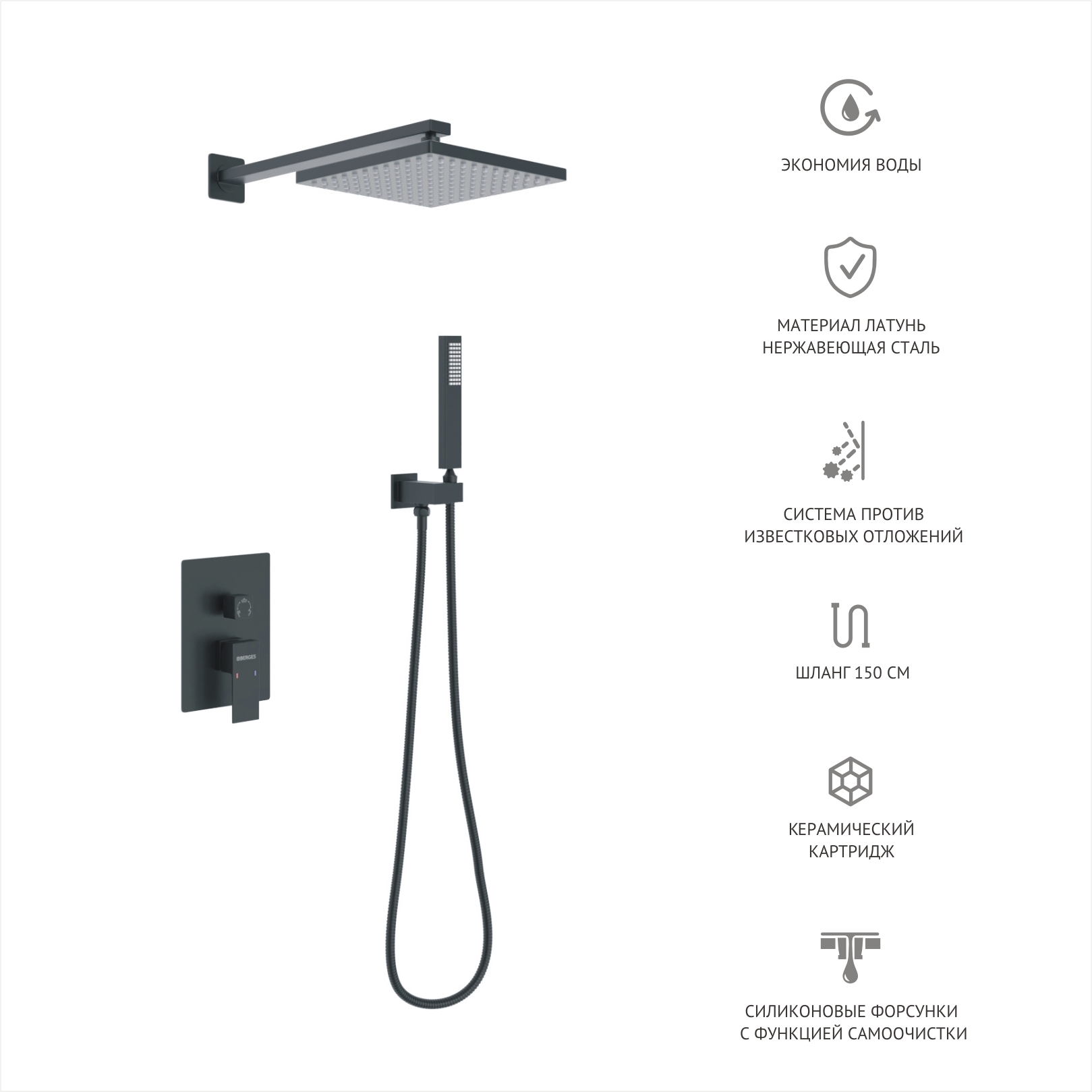 Душевой комплект BERGES NARDIS 2S BLACK, черный матовый