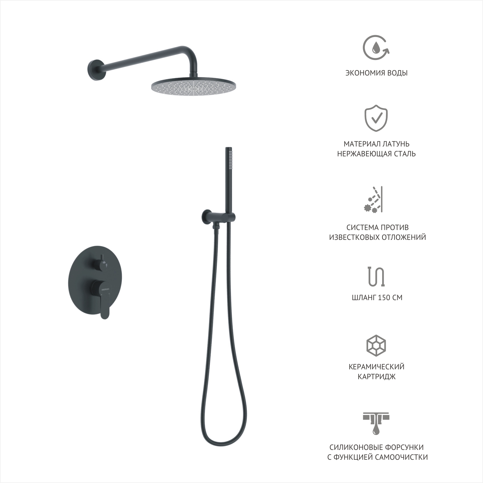 Душевой комплект BERGES NARDIS 2R BLACK, черный матовый